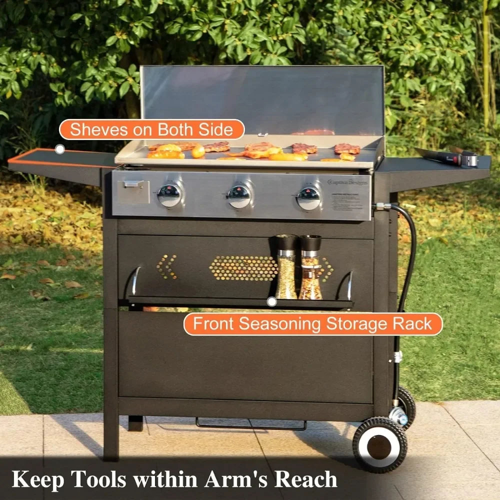 Flat Top Gas Griddle Grill With Lid 3-Burner